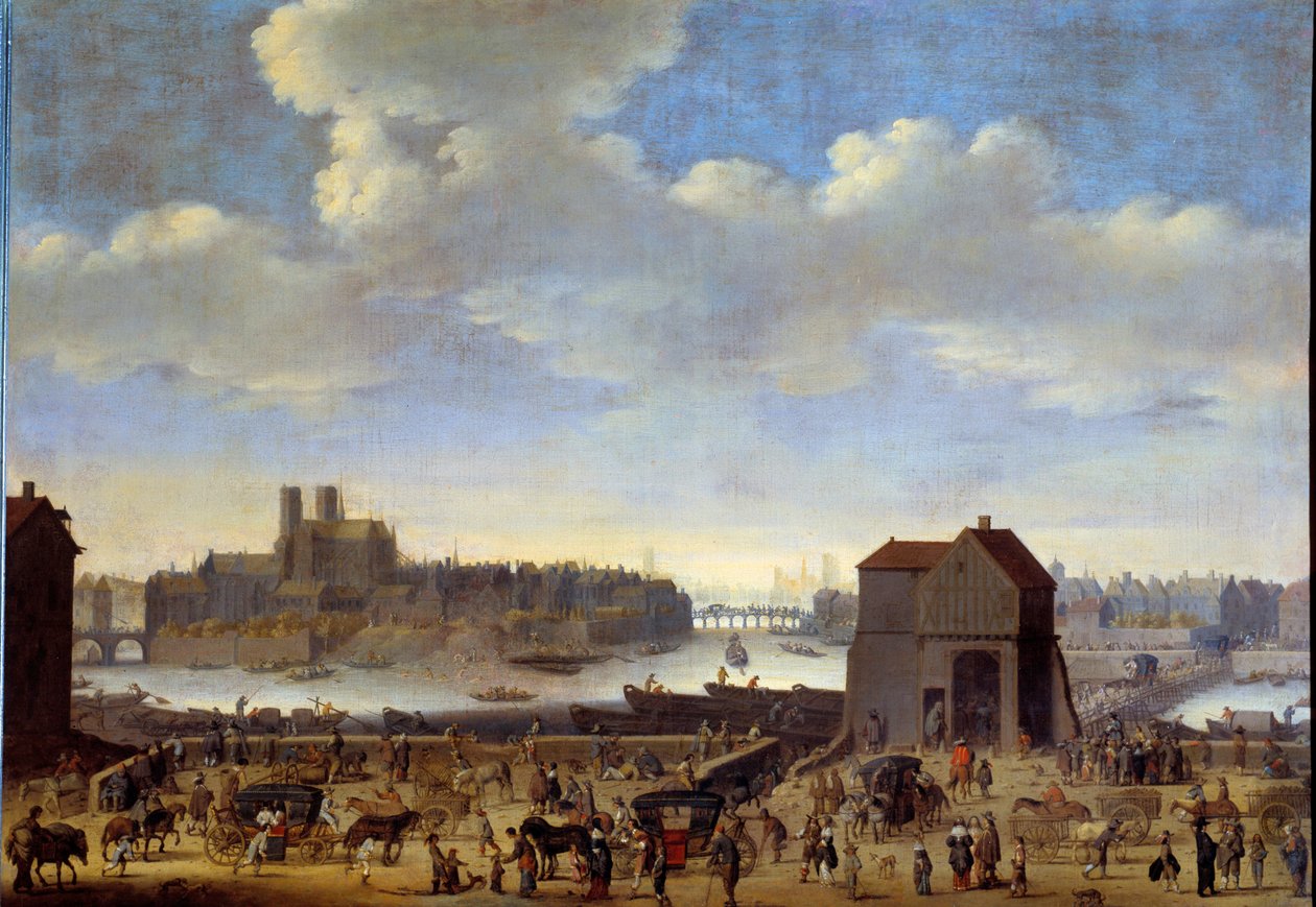 1646年頃のパリのケとポン・ドゥ・ラ・トゥルネル、シテ島、サン・ルイ島の眺め テオドール・ディルク・マータム（1606-1676）による絵画 1646年 薄暗い。1.0 x 1.41 m パリ、カルナヴァレ美術館 作： テオドール・マサム