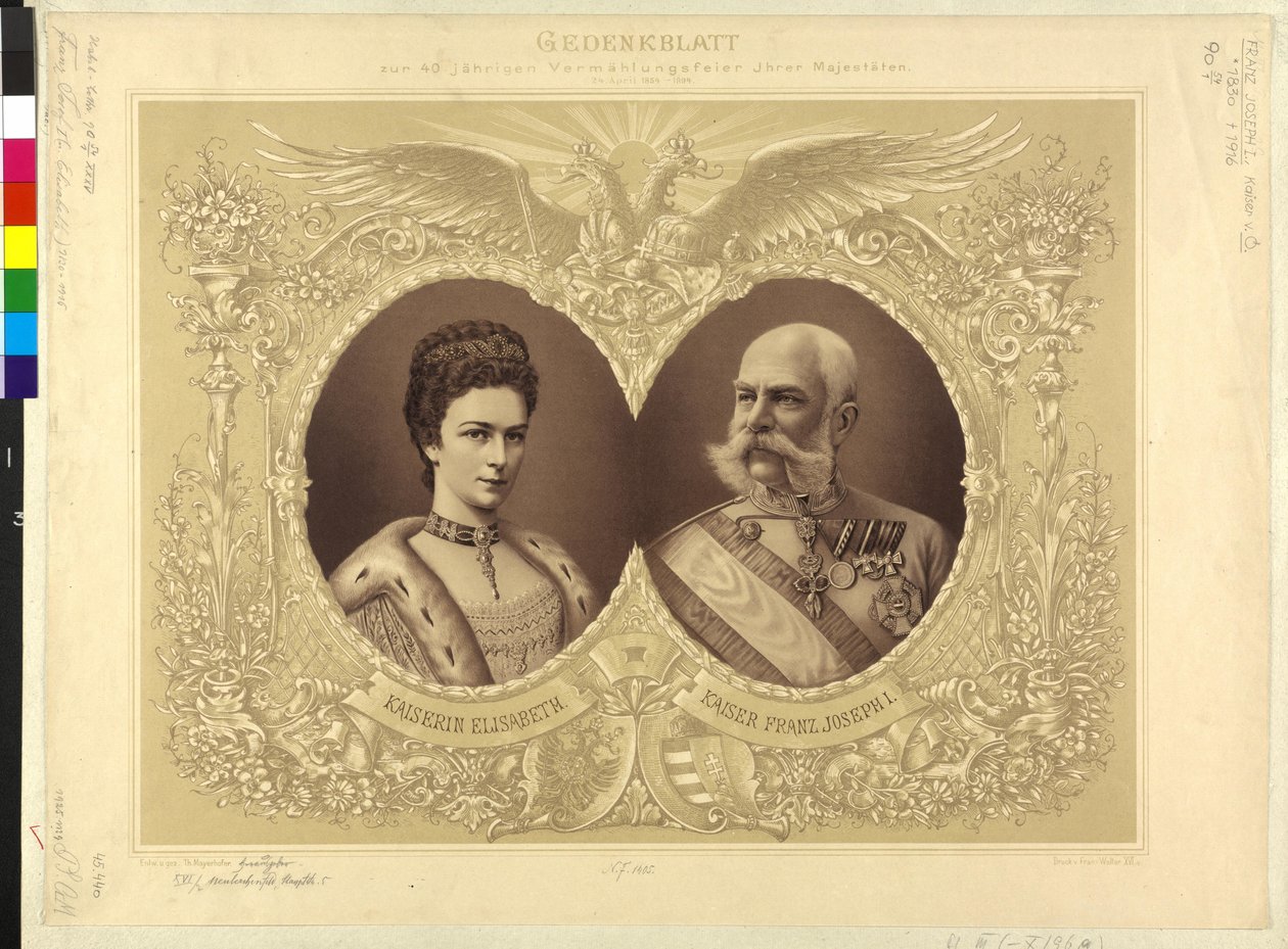 オーストリア皇帝とその家族 陛下の40歳記念結婚式の記念紙 24.1854年4月1894年 作： セオドア・マイヤーホーファー