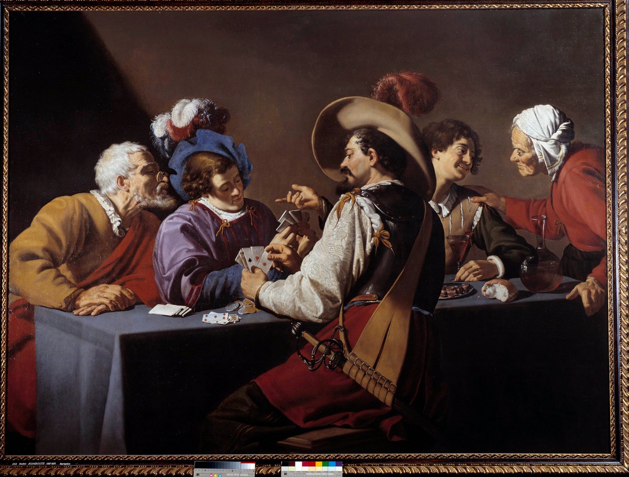 カードプレイヤー、ブレラン テオドール・ロンバウツ（1597-1637）の絵画 17世紀 日1,52x2,06 m アントワープ。Koninklik Museum - カードプレーヤー、「ブレラン」。テオドール・ロンバウツ（1597-1637）の絵画 作： セオドア・ロンボウツ