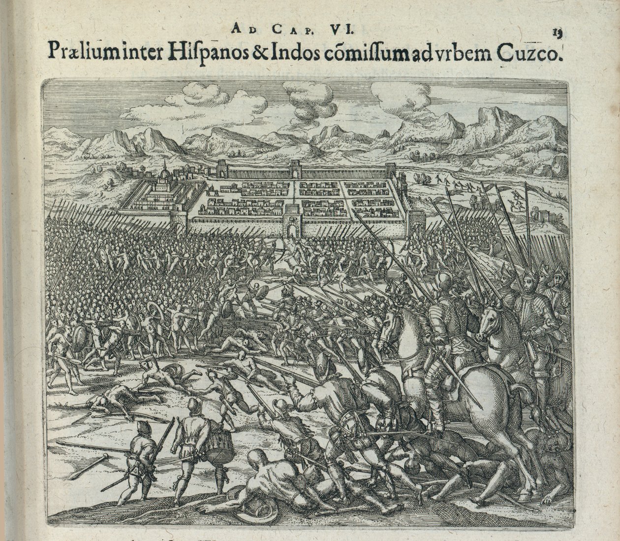1596年、クスコの門前でのスペイン人とインディアンの戦い。 作： セオドア・ド・ブライ