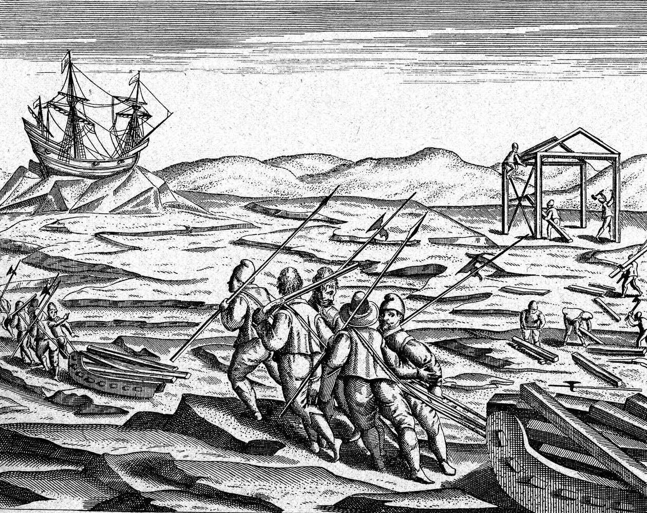 1600年頃、北極の冬のための家づくり（エングレーヴィング） 作： セオドア・ド・ブライ