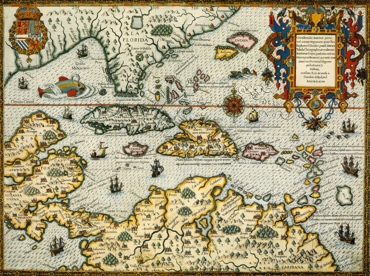 カリブ海とフロリダのデブライ地図1594 作： セオドア・ド・ブライ