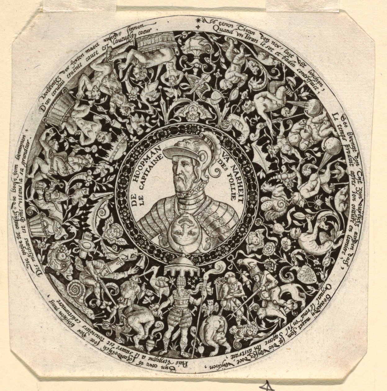 愚か者の司令官としてのアルバ公の肖像画が刻まれたタッツァのデザイン 作： セオドア・ド・ブライ