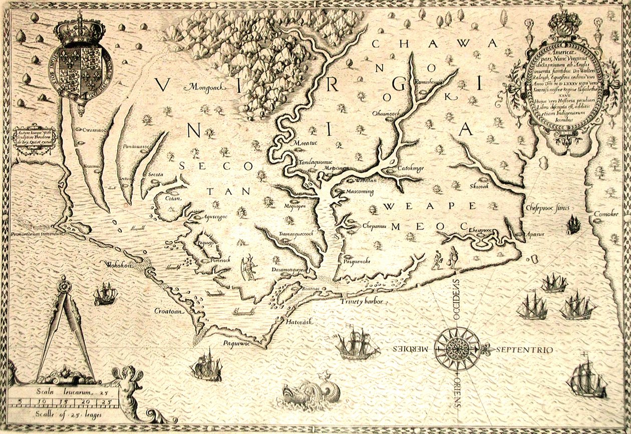 Mapa de 1590 gravado por Theodore de Bry após aquarela do colono inglês John White, governador de Roanoke. Virgínia e costa com pequenas ilhas e Roanoke na foz do rio. Terras nativas de Secotan e Weapemeoc. 作： セオドア・ド・ブライ