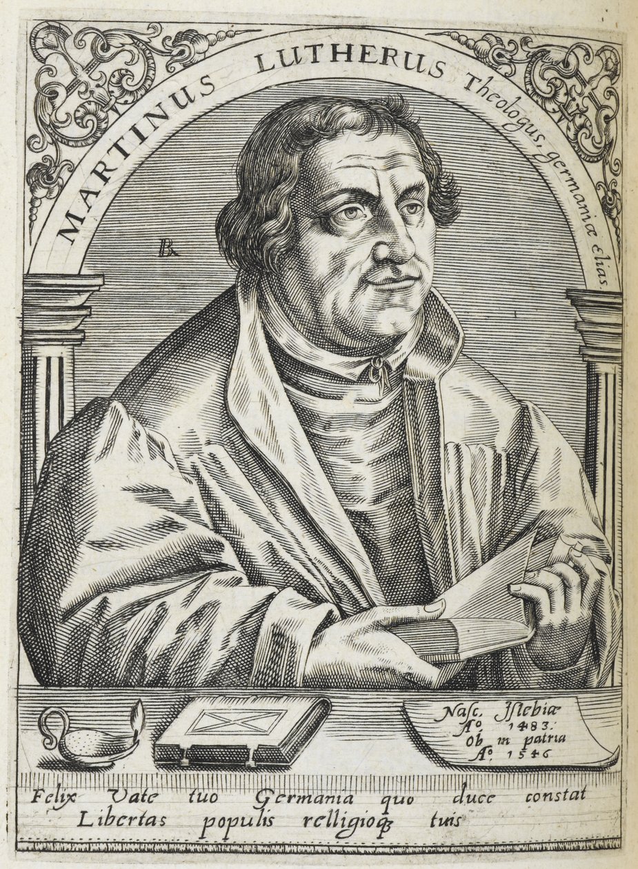 マルティン・ルター。 (1483-1546)。 ドイツの宗教改革者で宗教改革の創始者。 肖像画。 作： セオドア・ド・ブライ