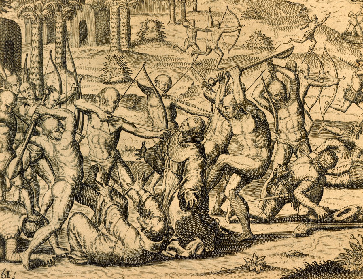 Theodor de Bry (1528-1598)、フランクフルトによる、南アメリカの宣教僧の殉教、Historia americae からの彫刻 作： セオドア・ド・ブライ