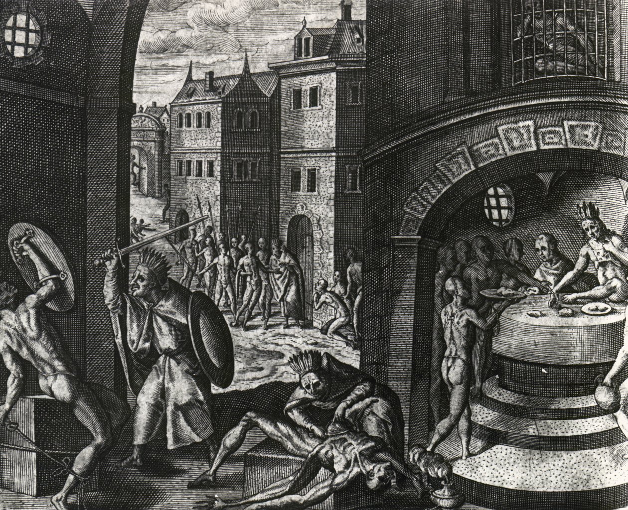 司祭は偽の戦いの犠牲者を殺し、その後皮をむく体、メキシコ、Peregrinationes からの彫刻、Theodor de Bry (1528-1598)、中央アメリカ 作： セオドア・ド・ブライ