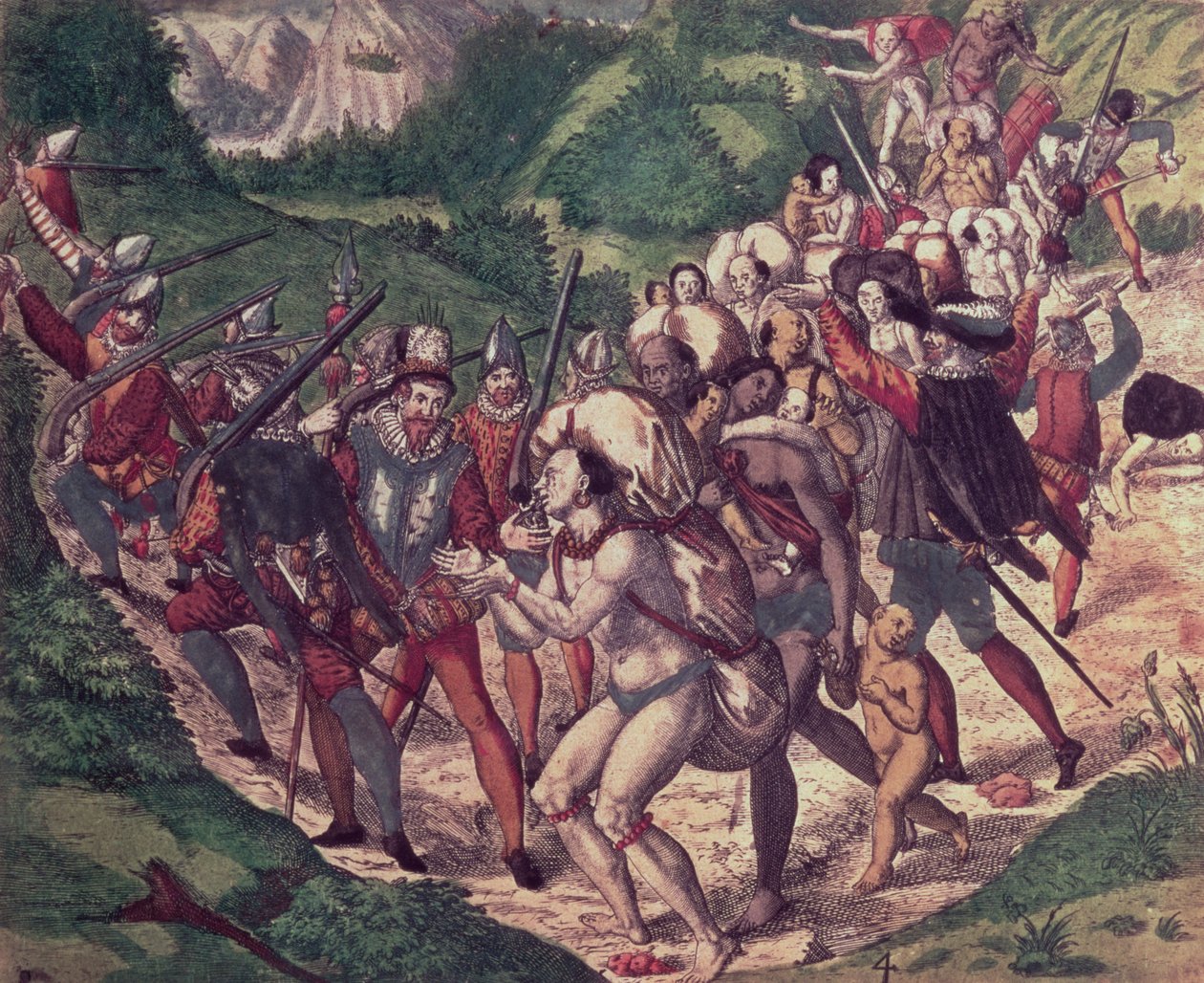 ペトルス・デ・カリセの残酷さ：スペイン兵に虐待されたペルーのインディアン奴隷（版画） 作： セオドア・ド・ブライ