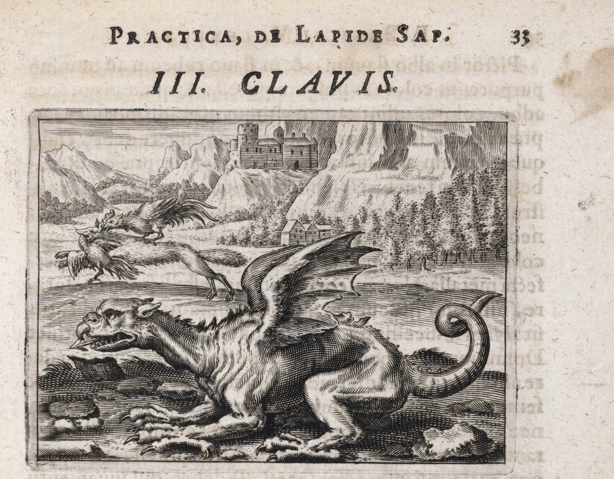 背景にあるドラゴン、オンドリに襲われた鶏を盗むオオカミ - Theodore de Bry (1528-1598) による彫刻、錬金術の論文「Tripus avreus、hoc est、Tres tractatus chymici selectissimi」、Michael Maier 作(1569-1622) 作： セオドア・ド・ブライ