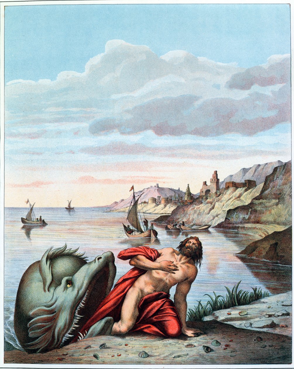 岸辺のクジラに投げ出されたヨナ、ユージーンロンジャトの彫刻 作： セオドア・アムスト