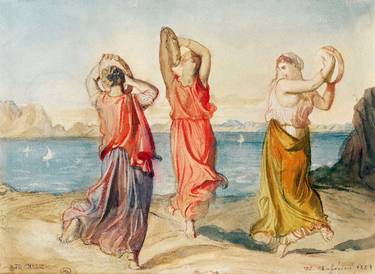 3人のタンバリンダンサー、1843年（紙に鉛筆と水彩のウォッシュ） 作： テオドール・シャッセリオー