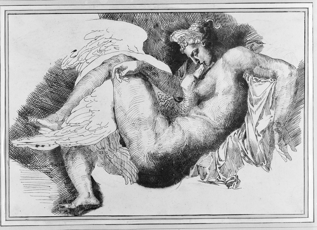 レダ、ミケランジェロ・ブオナローティ（1475-1564）1822のドローイング後 作： セオドア・ジェリコー