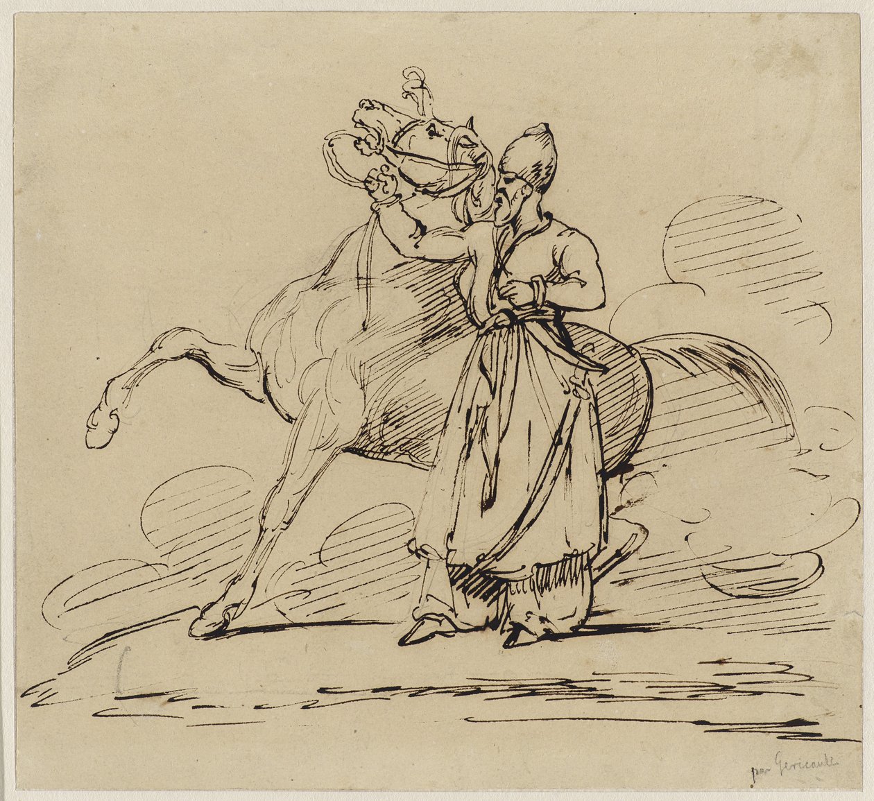 Persanテナントun cheval（ペルシャホールディングホース）、c.1817-22（ペン＆茶色のインクにグラファイトの痕跡を織り紙の上に残したもの） 作： セオドア・ジェリコー