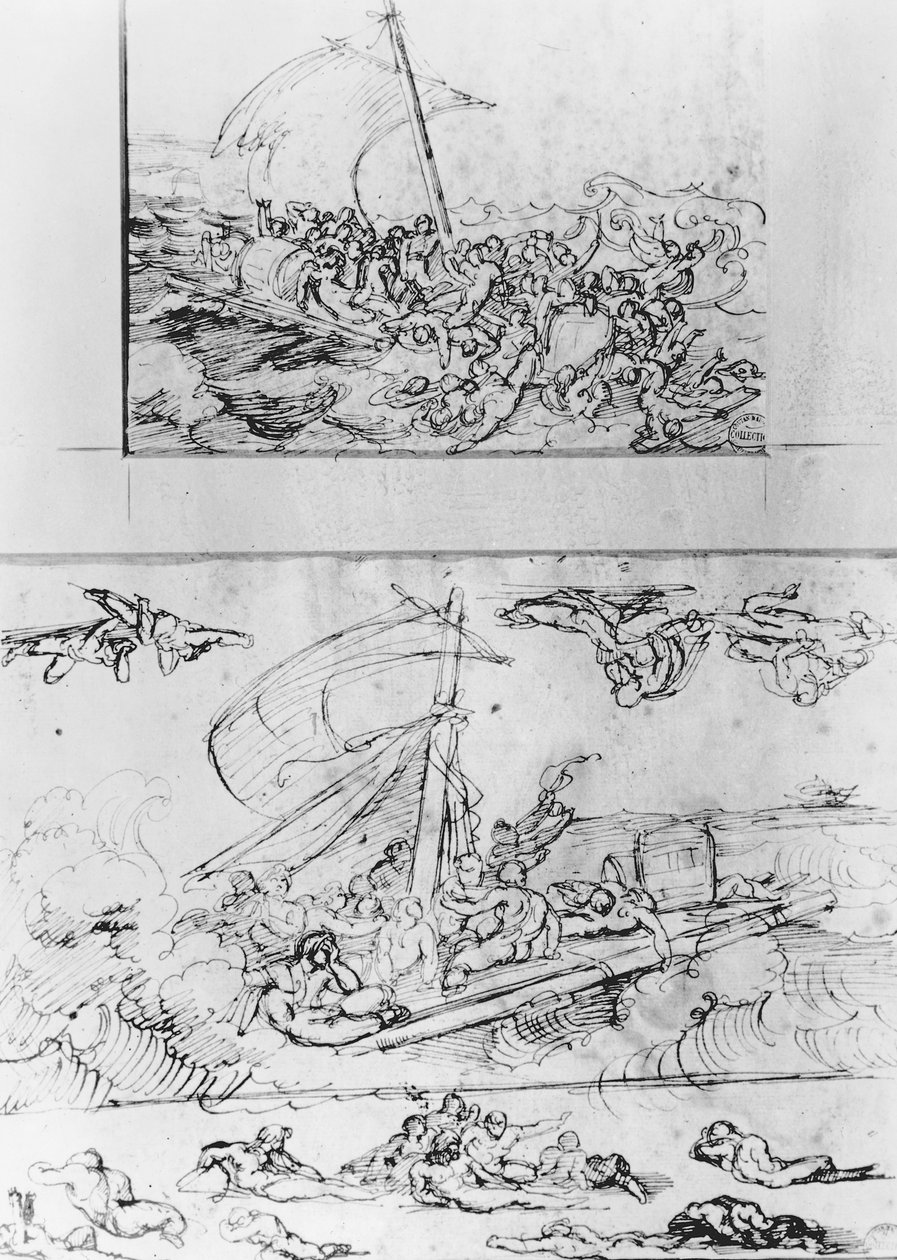 メデューサのいかだ、1819年頃の2つのスケッチ（ペンとインク） 作： セオドア・ジェリコー