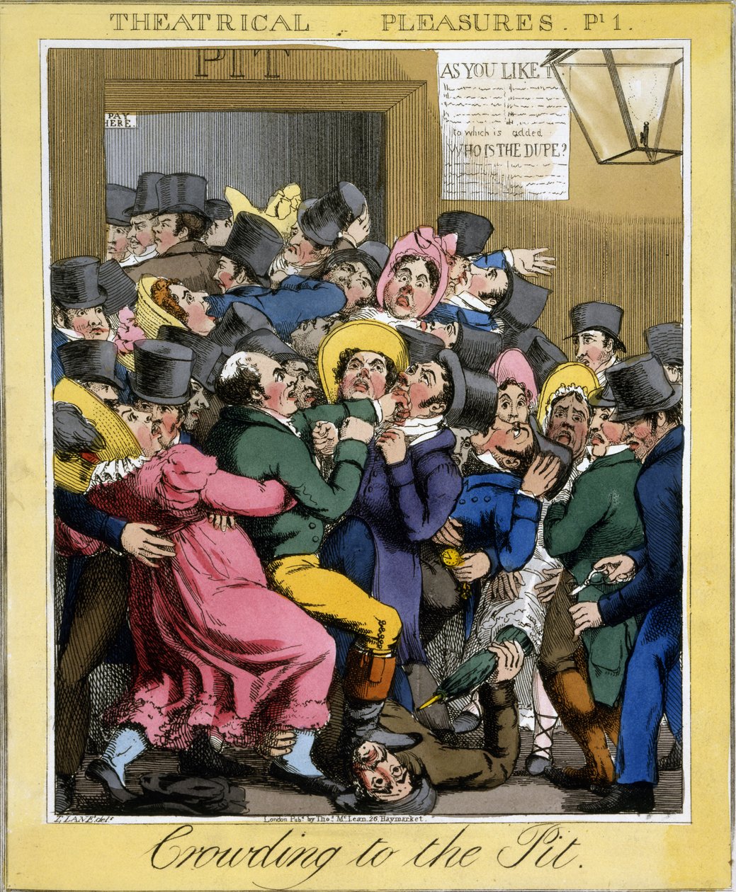The Prowing to the Pit、Plate 1 from Theatrical Pleasures、pub。トス。マクリーン、ロンドン、1821年（手彩色の彫刻） 作： セオドア・レーン