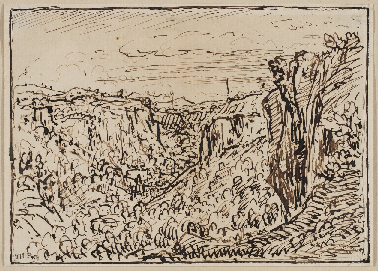 丘陵の風景（リゾン川渓谷）、c。 1861–63（紙にインク） 作： セオドア・ルーセル