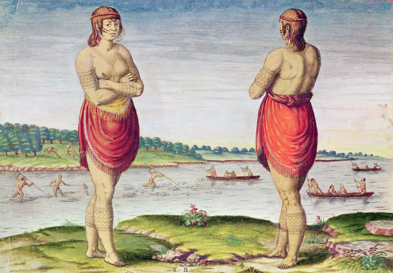 Admiranta Narratio ...、バージニア州セコタの高貴な女性（51ページ）、1585-1588（カラー彫刻） 作： セオドア・ド・ブリー
