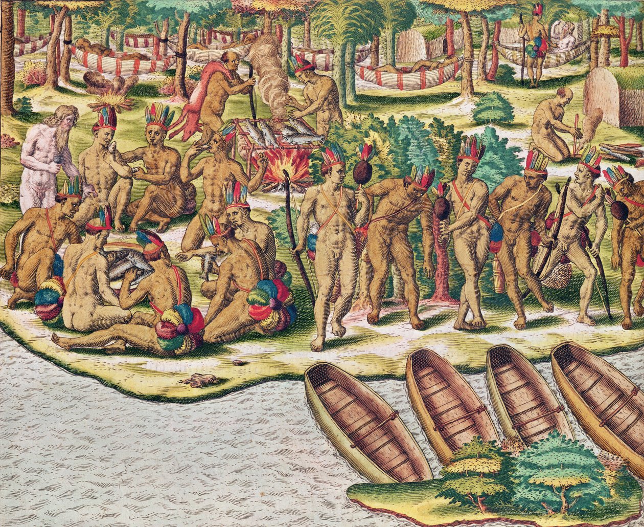 Americae Tertia Pars、敵との遠征の前に審議（432ページ）、1563（カラー彫刻） 作： セオドア・ド・ブリー