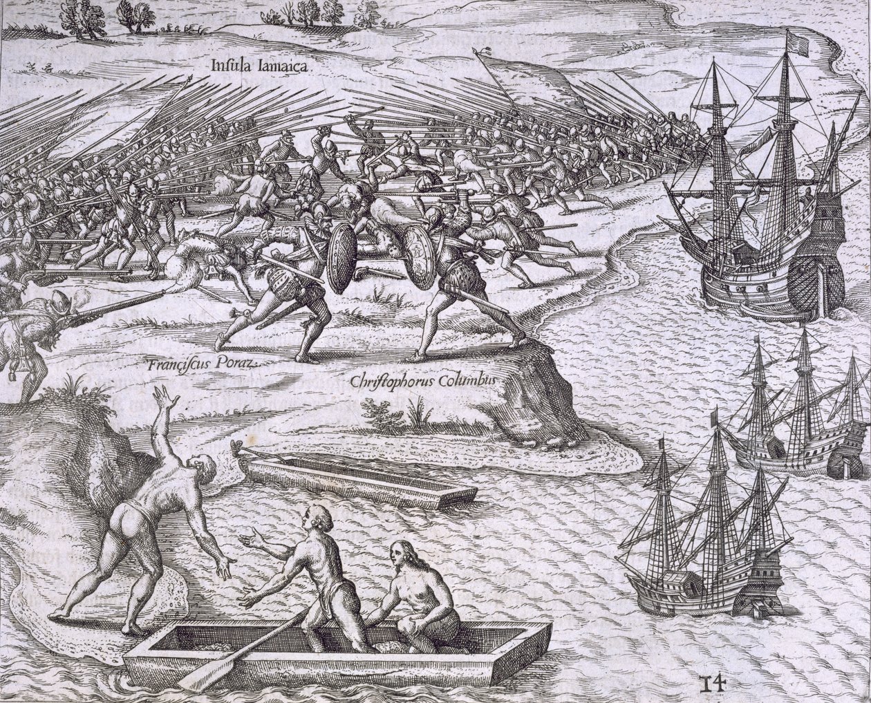 ジャマイカでのクリストファーコロンブス（1451-1506）とフランシスコポラスの戦い（1504年）、ヨハンルートヴィヒゴットフリートの「Mewe Welt und Americanische Historien」、フランクフルトマテウスメリアン発行 作： セオドア・ド・ブリー