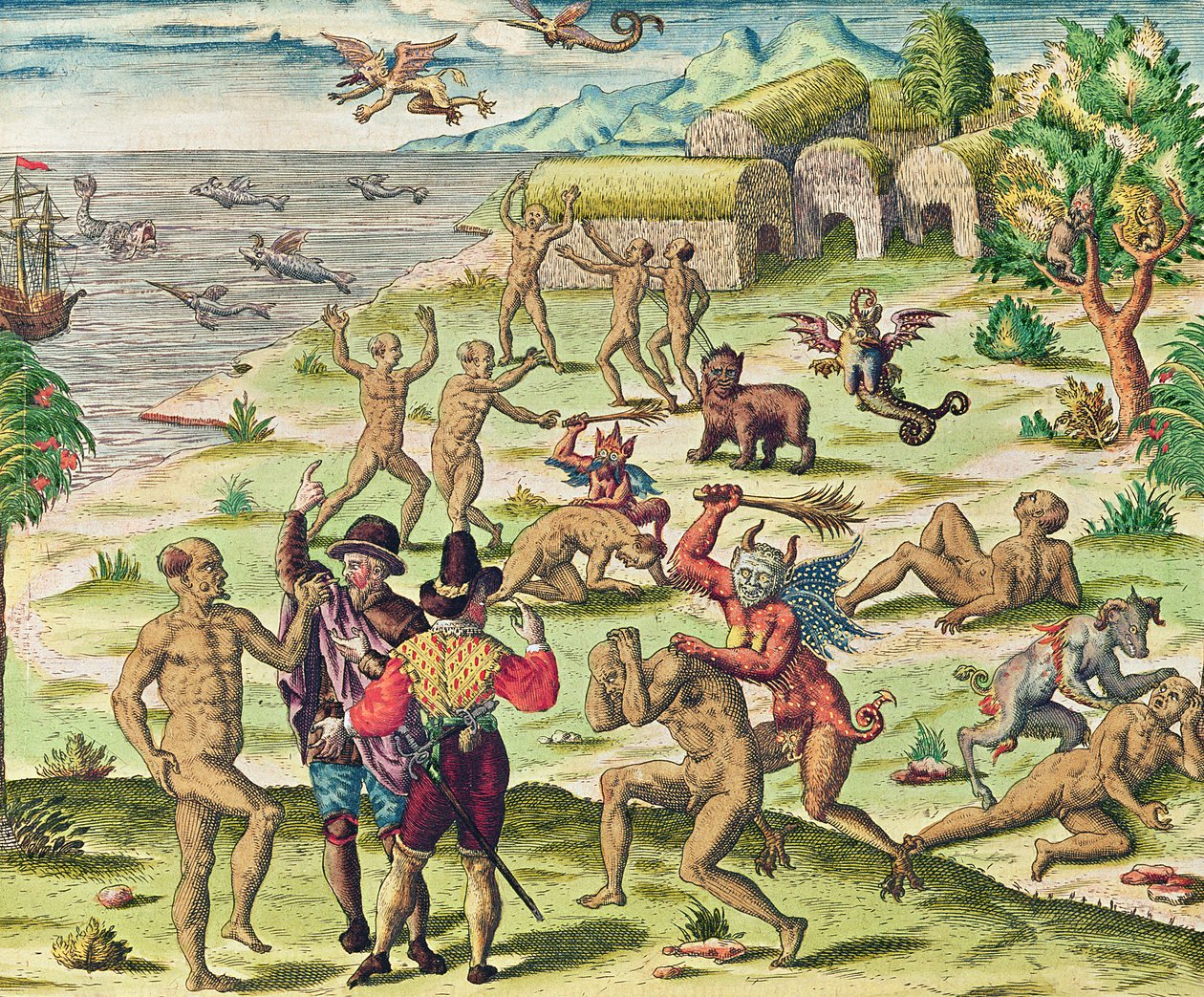 カメリクモンが野蛮人を攻撃する、「アメリカテルティアパース...」、1562年 作： セオドア・ド・ブリー