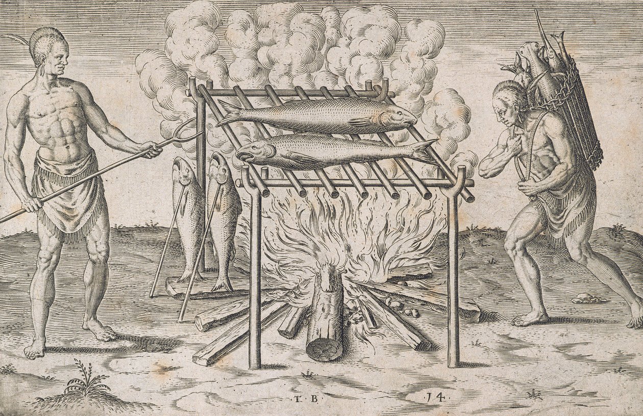 1600年にヨハンウェッヘルによって印刷された「ヴァージニアの新たに発見された土地、グランドヴォヤージュの簡単な説明と真実の報告」からのクッキングフィッシュ、プレートXIII 作： セオドア・ド・ブリー