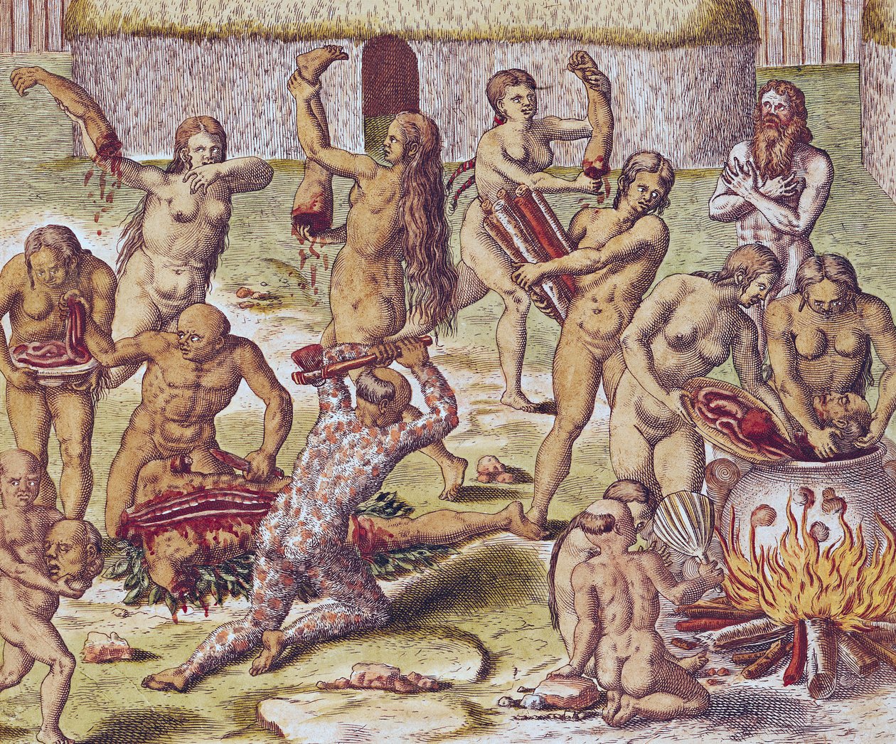 &39;Americae Tertia Pars ..&39;からの敵の解体と調理、1562 作： セオドア・ド・ブリー