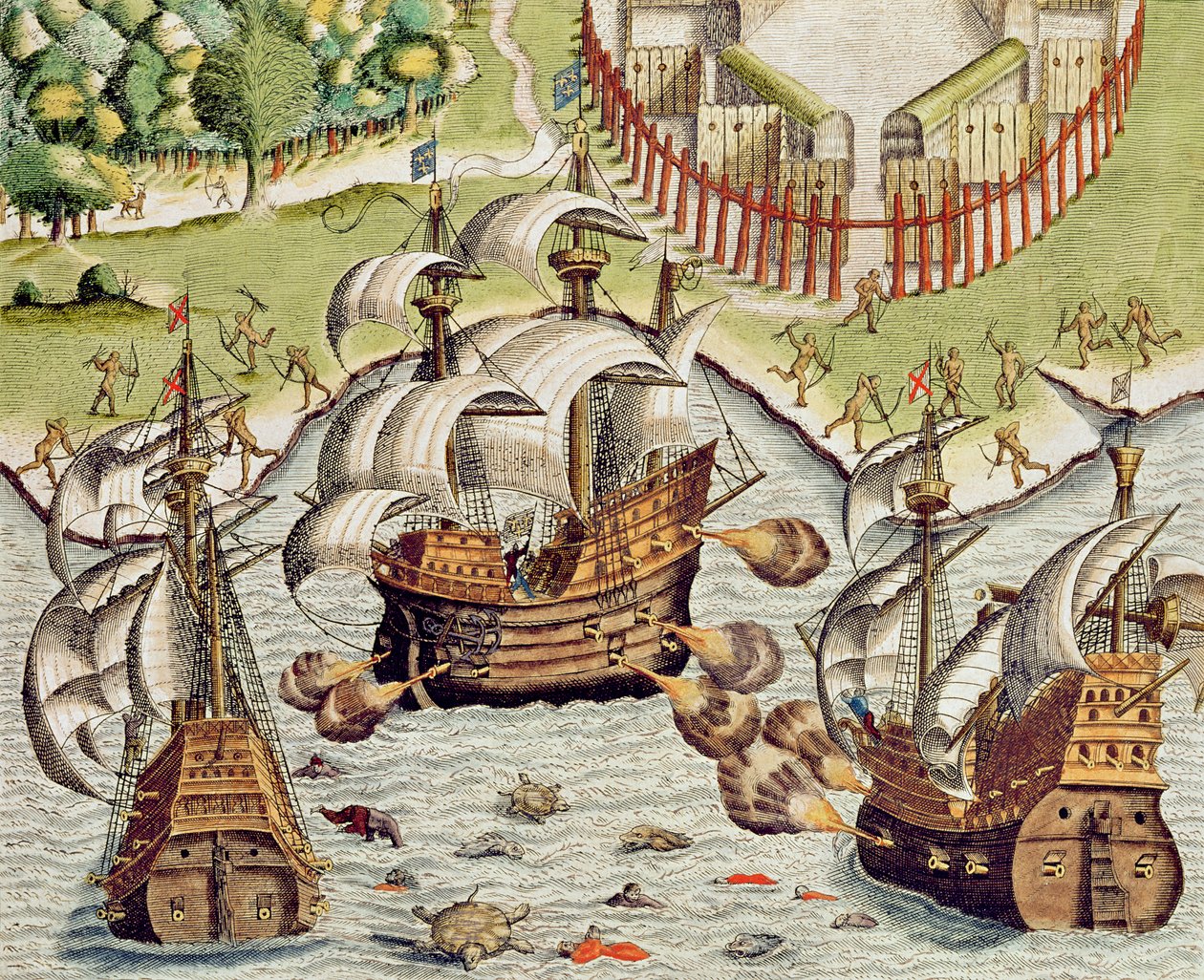 ポティグアラン領沖のポルトガルとフランスの間の海軍の戦い、「アメリカテルティアパース...」、1592年 作： セオドア・ド・ブリー