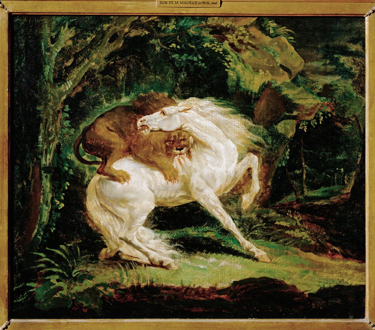 Cheval attaque par un lion - ライオンに襲われる馬。ローリーの銅版画とジョージ・スタッブスの絵画にちなんで描かれた。 作： セオドア・ジェリコー