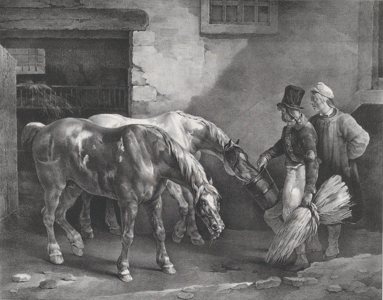 厩舎の入り口に立つ 2 頭の馬馬、1822 年。 作： セオドア・ジェリコー