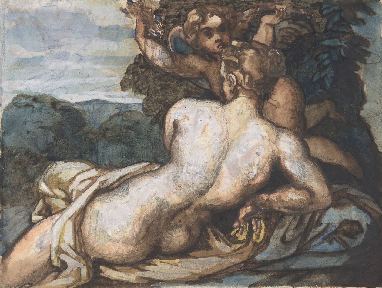 風景の中のビーナスとキューピッド、Annibale Carracci recto 後、1816-17 年。 作： セオドア・ジェリコー