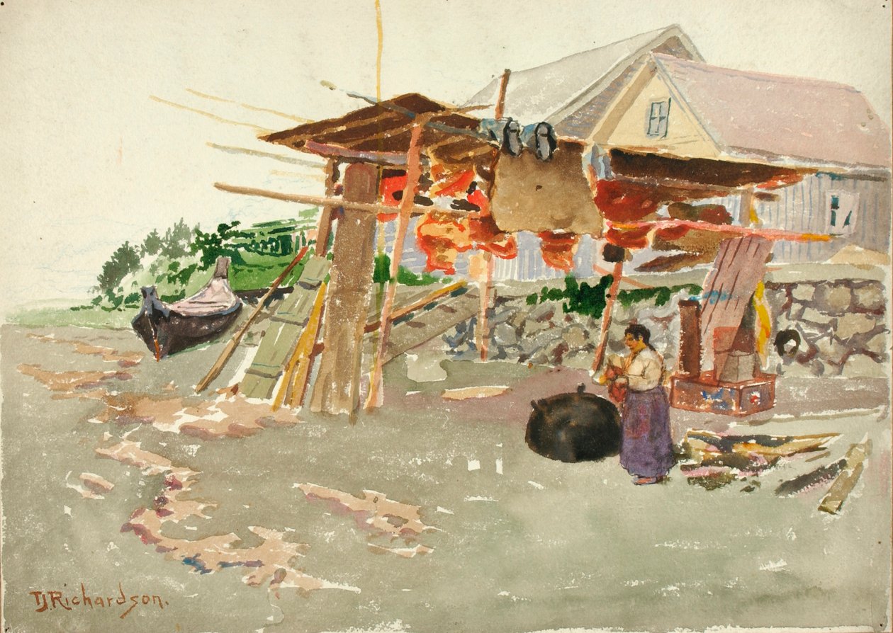 サーモンの乾燥、インディアン ビレッジ、アラスカ、カリフォルニア州。 1880～1914年。 作： セオドア・J・リチャードソン
