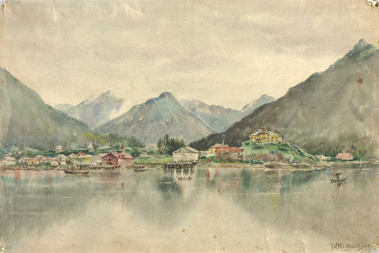 島々から見たシトカ、ロシア城を望む、1888年 作： セオドア・J・リチャードソン