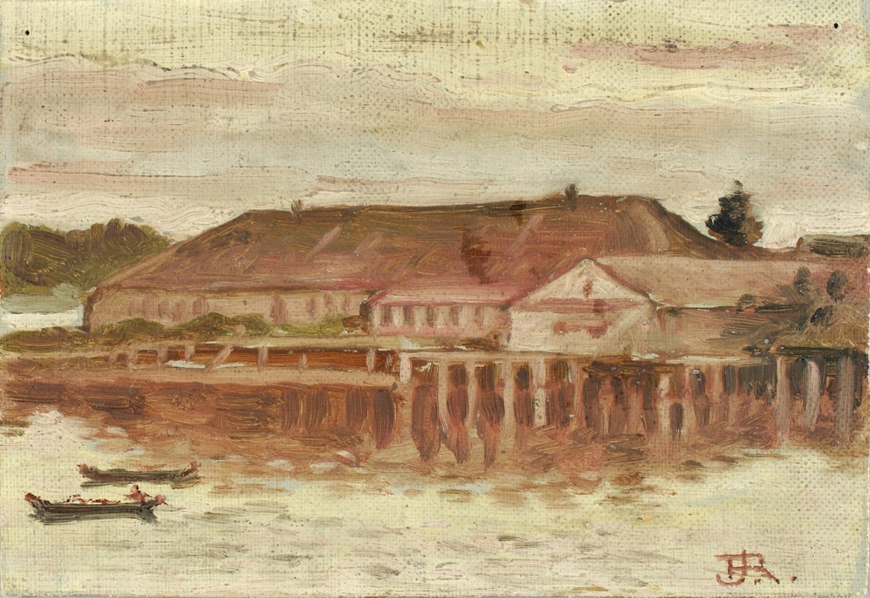 交易所と埠頭の建物、シトカ、夕方、カリフォルニア州。 1880～1914年。 作： セオドア・J・リチャードソン