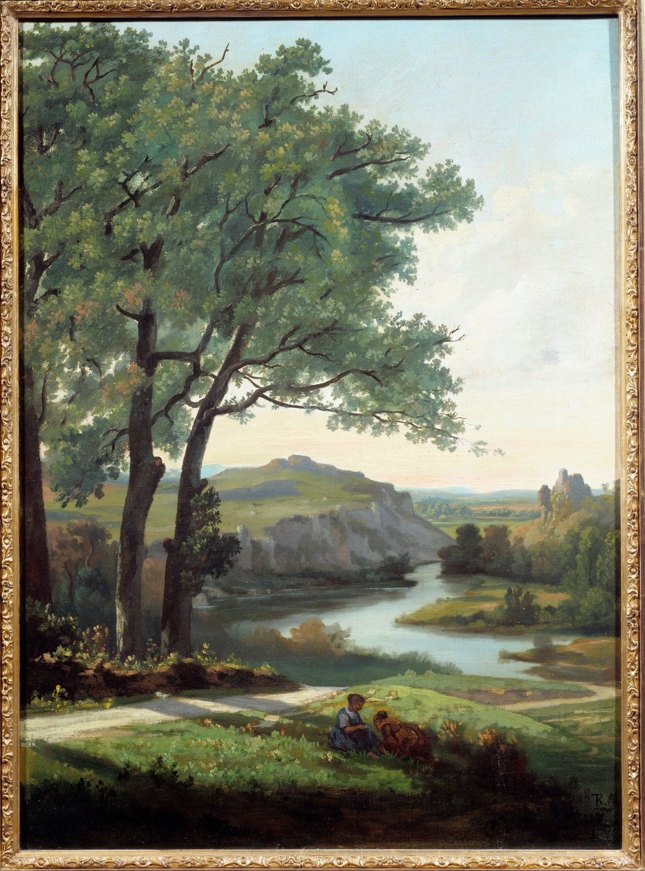 Theodore Ravanat (1812-1882) による木と湖の絵画のある風景 1860 グルノーブル、美術館 作： セオドア・ラヴァナート