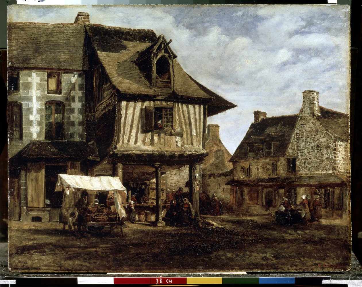 ノルマンディーの市場 (木骨造りの家) (ノルマンディーの市場)。 Theodore Rousseau (1812-1867) の絵画。 木に油彩、29.5 x 38 cm、1830 年頃。バルビゾンのフランス美術。 エルミタージュ美術館、サンクトペテルブルク。 作： テオドール・ルソー