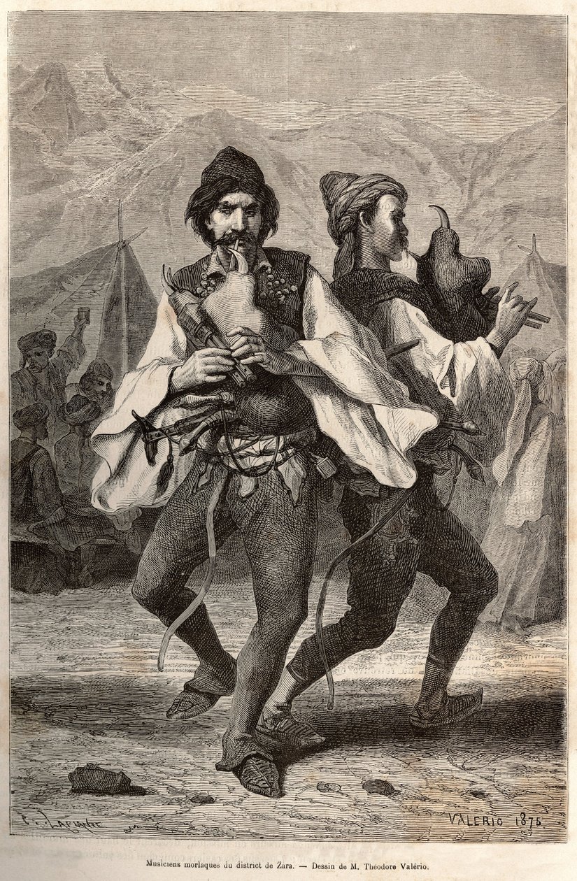 Morlac-Musiker (oder Montenegriner) aus dem Bezirk Zara, in lokaler Tracht: weißes Leinenshirt und darüber eine bestickte Weste, ein Gürtel mit Kupfer und Silber besetzt, Beine fallen auf den Lederschuh, und spielen eine Art Dudelsack, während sie tanzen von Theodore Valerio