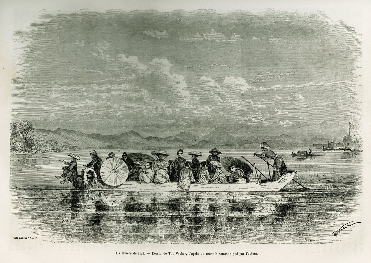 フエ（ベトナム）の川に浮かぶ船、Th.ウェーバーの絵。ウェーバーが描いたもので、1875年にフエ（アンナム王国）で行われた8日間の使節団の物語を、使節団に所属していた中尉（N）のブロッサール・ド・コルビニー氏が描いたもの。Le tour du monde」に掲載されている図版 作： セオドア・ウェバー