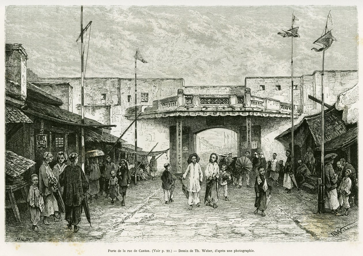 ハノイのカントン通りの門。Th.Weberが写真から描いたもの。ウェーバーのエングレーヴィングは、エドゥアール・シャルトン（1807-1890）の指揮の下、1889年のtour du mondeに掲載されたオカール医師による1884年のTente mois au Tonkinの物語を説明するために、写真から作成されたものです。 作： セオドア・ウェバー