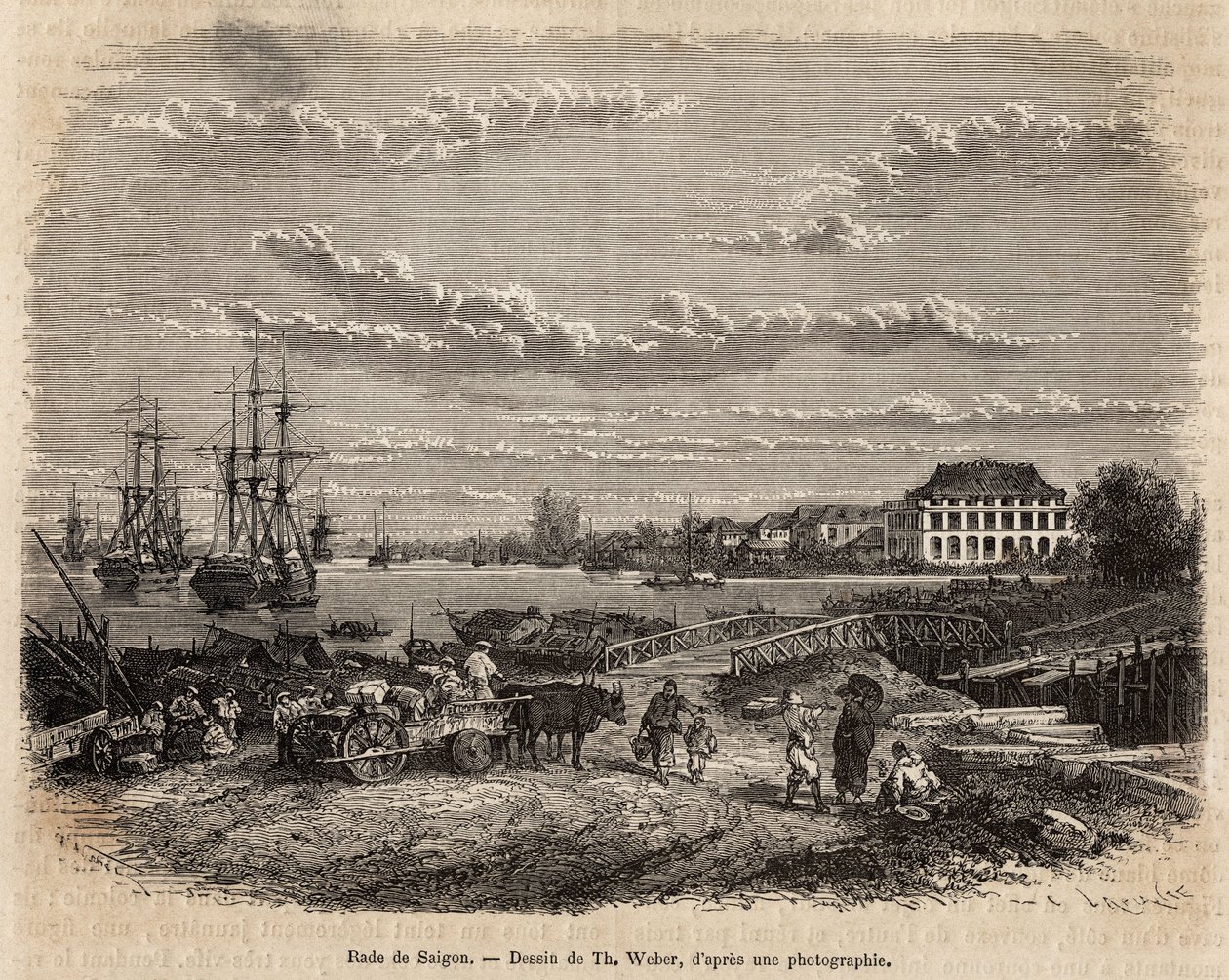 La rade de Saigon, T. Weberの図面に基づくエングレーヴィング、1872年にモリス医師が行ったコチンチンへの航海を描いたもの、1875年にEdouard Chartonが編集した "Le tour du monde "に掲載されたもの、アシェット版、パリ。セルバ・コレクション。 作： セオドア・ウェバー