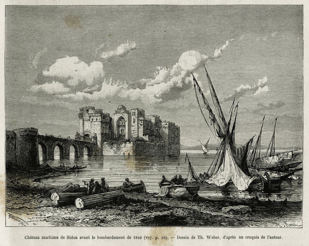 1840年の砲撃の前のシドンの海上の城。Th.Weberのエングレーヴィング。ウェーバーのエングレーヴィング、「La Syria d