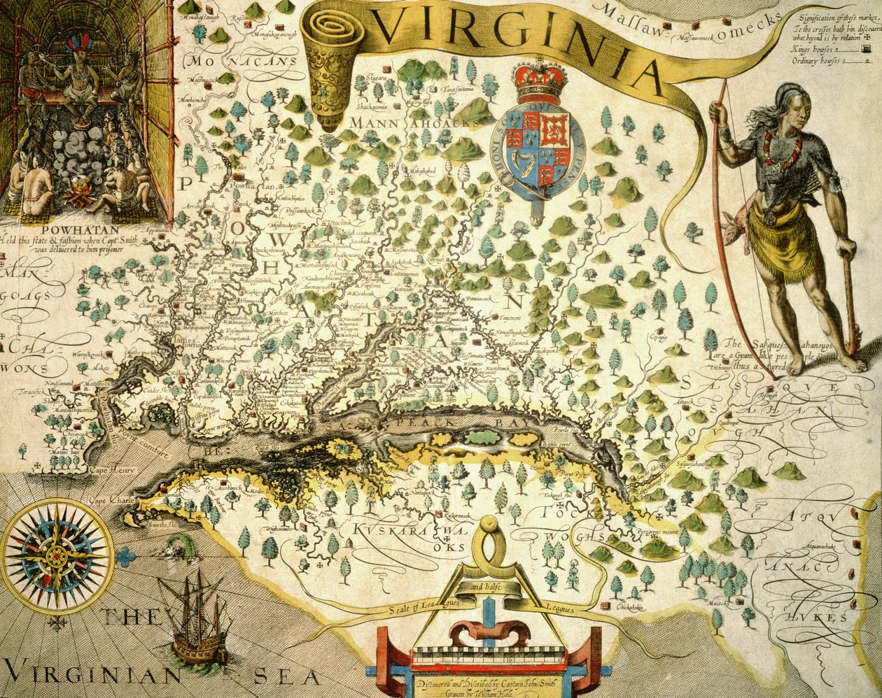 Sloane MS 1622 バージニア州の地図、左上にジョン・スミス (1580-1631) によるチーフ・ポウハタンの写真 1624 (手描きの彫刻) 作： セオドア・デ（後）ブライ