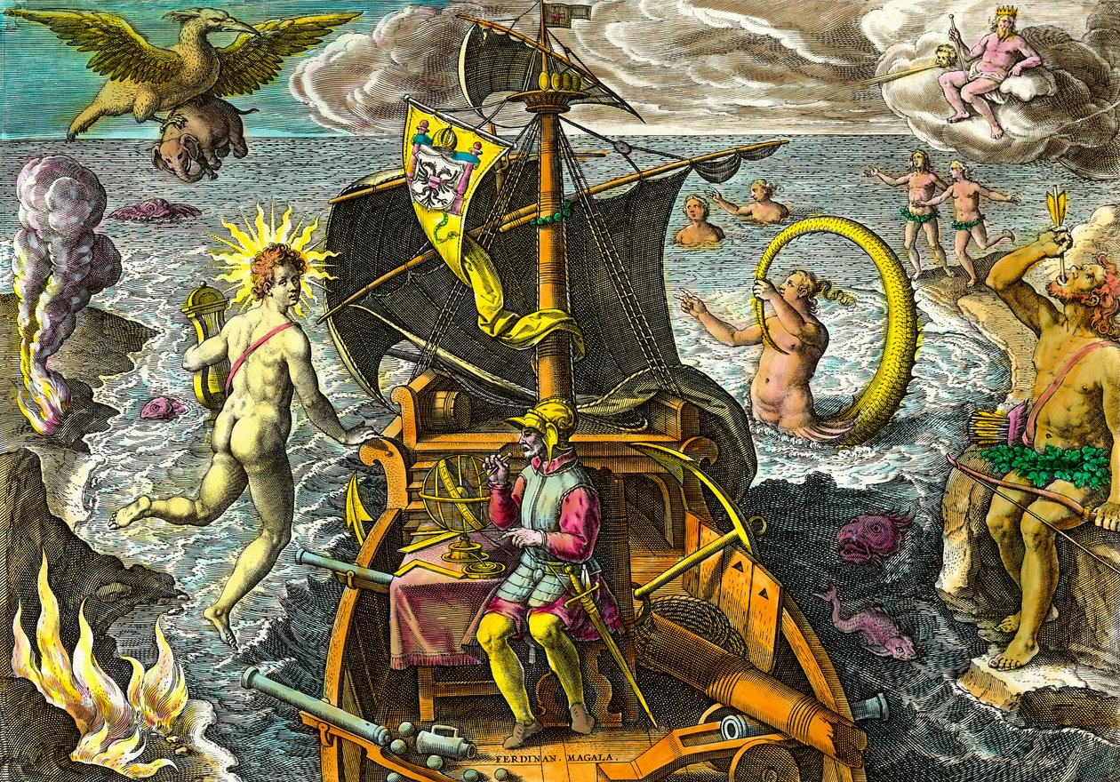 航海士フェルナン・デ・マゼラン（1480-1521）の航海を描いたアレゴリーで、船の上で天球を使っている様子や、神話上の人物や幻想的な動物が描かれています。テオドール・デ・ブライ（1528-159）の「アドミランテ・ナラティオ・アメリカ」の版画 作： セオドア・ド・ブリー