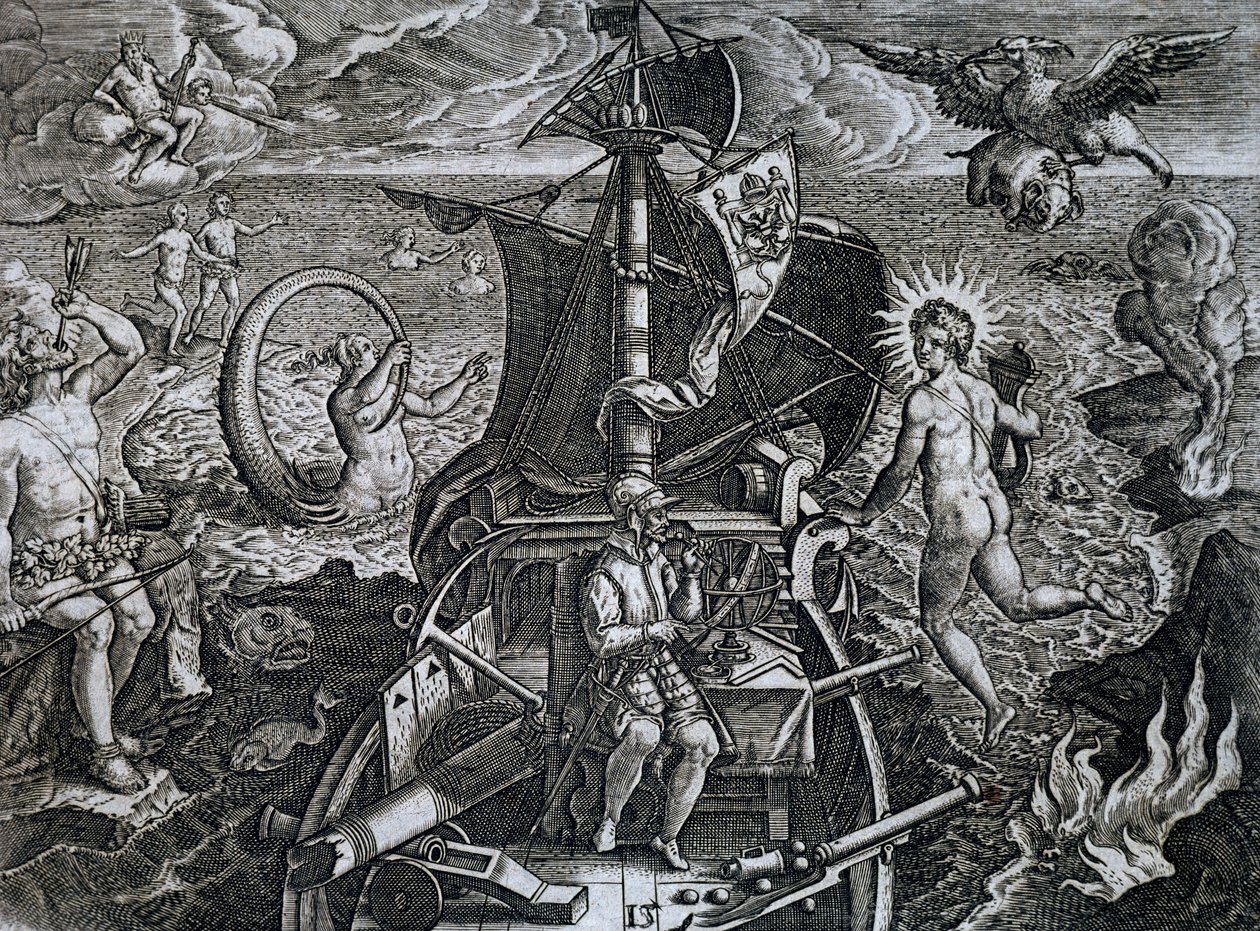 フェルディナンド・マゼラン(1480-1521)の航海のアレゴリー、テオドール・デ・ブライ(1528-1598)のエングレーヴィング 作： セオドア・ド・ブリー