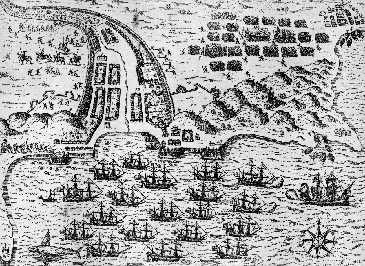 1585年11月27日のサンティアゴへの攻撃（版画 作： セオドア・ド・ブリー