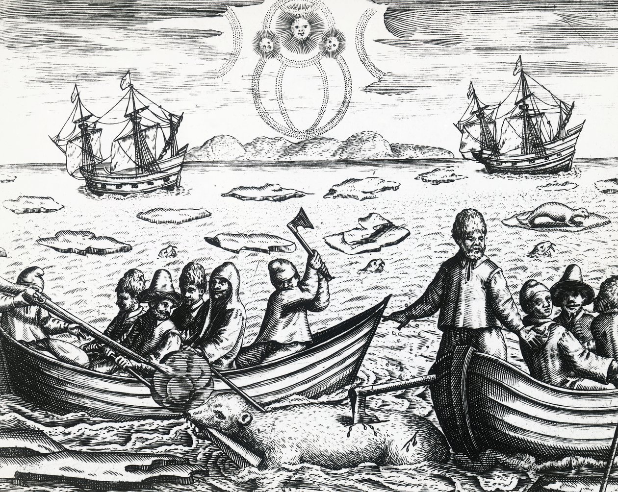 1596年、ウィリアム・バレンツ（1550年頃～1597年）率いる第3次北東航路探索の際のオーロラと白熊狩り、テオドール・デ・ブライ（1528年～1598年）作、彫刻版 作： セオドア・ド・ブリー