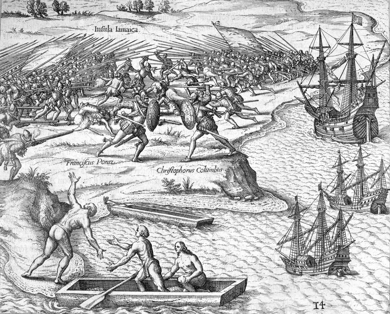 クリストファー・コロンブスとフランシスコ・ポラスの間のジャマイカでの戦い、1504年から1631年 作： セオドア・ド・ブリー