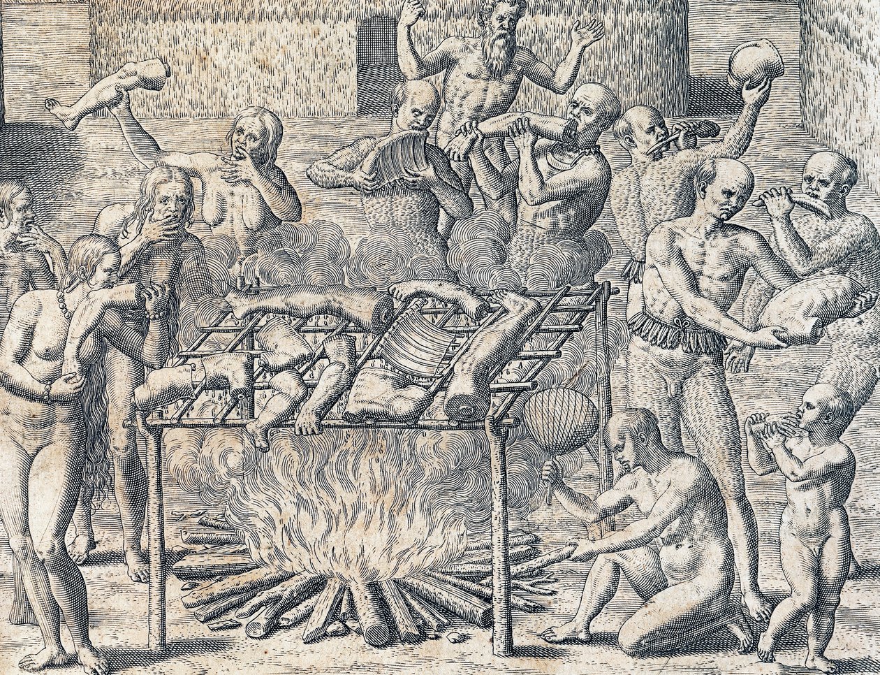 ブラジル奥地の部族のカニバリズム、フランクフルトのテオドール・デ・ブライ（1528-1598）の『アメリカ史』からの版画、南アメリカ 作： セオドア・ド・ブリー