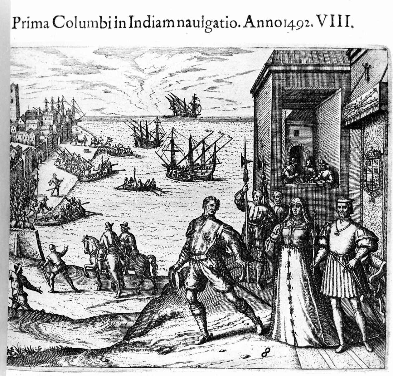 1492年08月03日、スペインのパロス港から新大陸に向けて出発するクリストファー・コロンブスとピンソン兄弟。右 ポルトガル・カトリック国王夫妻 アラゴンのフェルディナンド2世とカスティーリャのイザベラ・イエーレ。テオドール・デ・ブライによる「アドミランテ」掲載の版画 作： セオドア・ド・ブリー