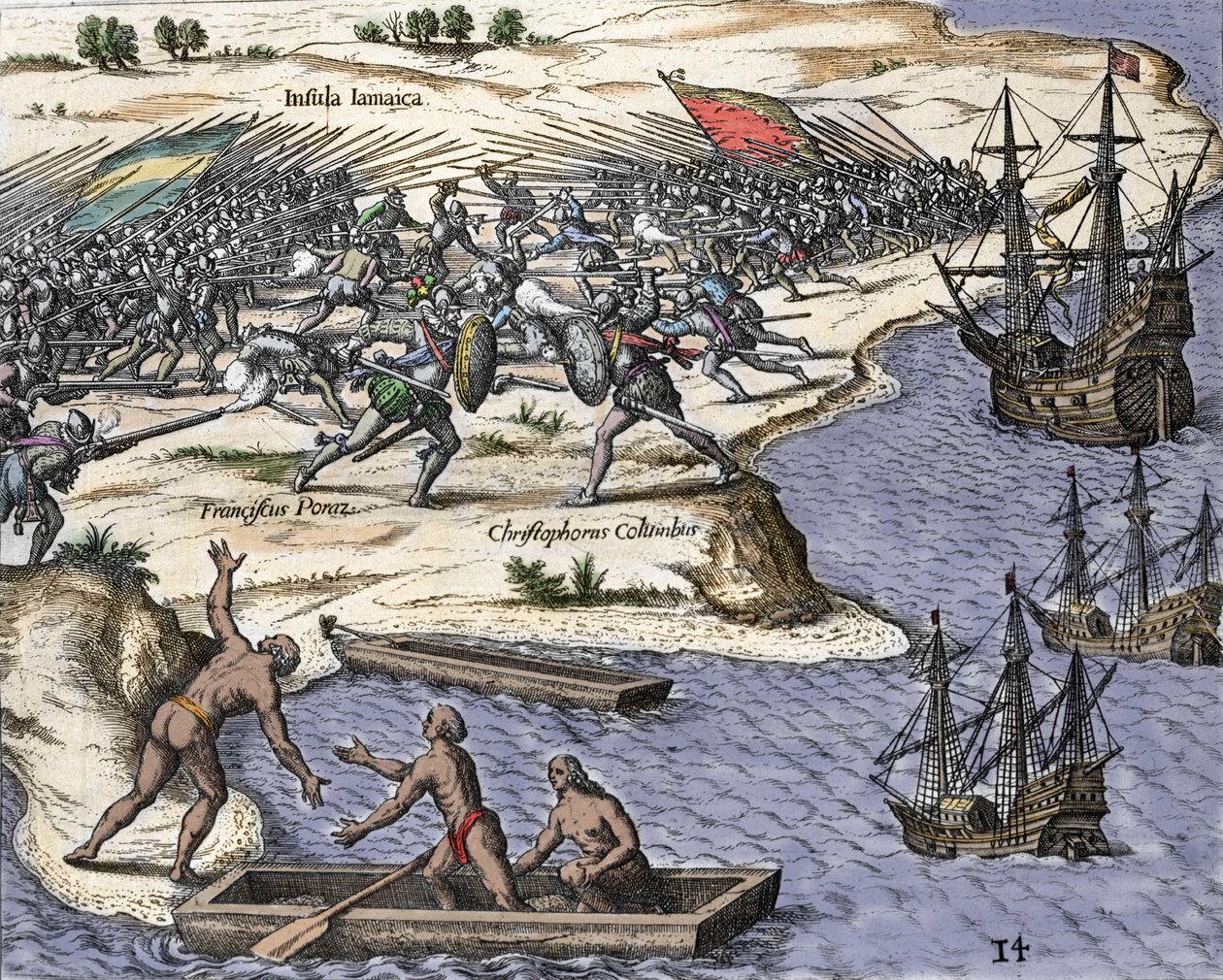 クリストファー・コロンブスの4回目のジャマイカ旅行（1502-1504年）：フランシスコ・ポラズとの戦い。テオドール・デ・ブライ(1527-1598)の「Historia Americae sive Novi Orbis」より、1594年にアムステルダムで制作された版画。 作： セオドア・ド・ブリー