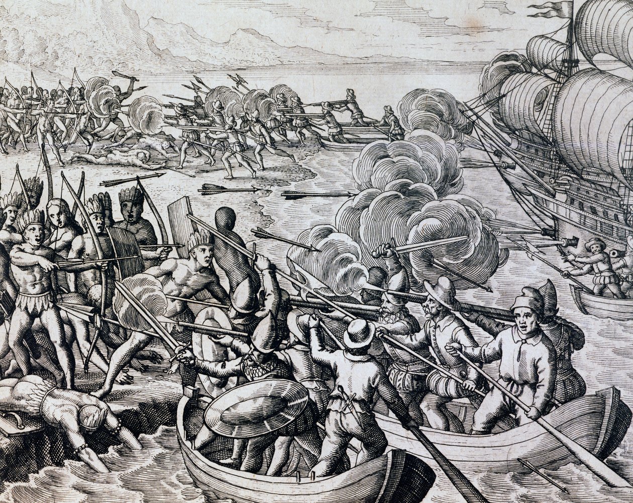 インディアンとスペイン軍の衝突、フランクフルトのテオドール・デ・ブライ（1528-1598）の『Historia Americae』からの彫刻。 作： セオドア・ド・ブリー